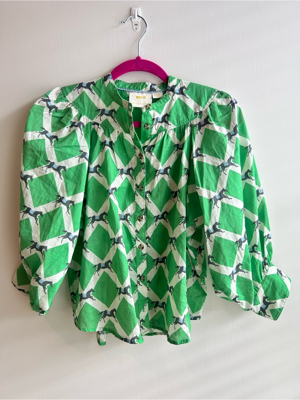 Anthropologie Rare Green Horse-Print Peasant Style Blouse